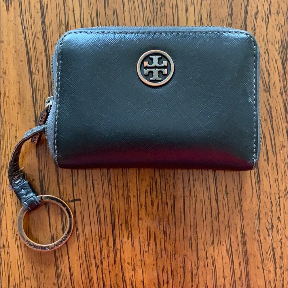 Tory Burch Black Leather Zip Coin Wallet Keyring